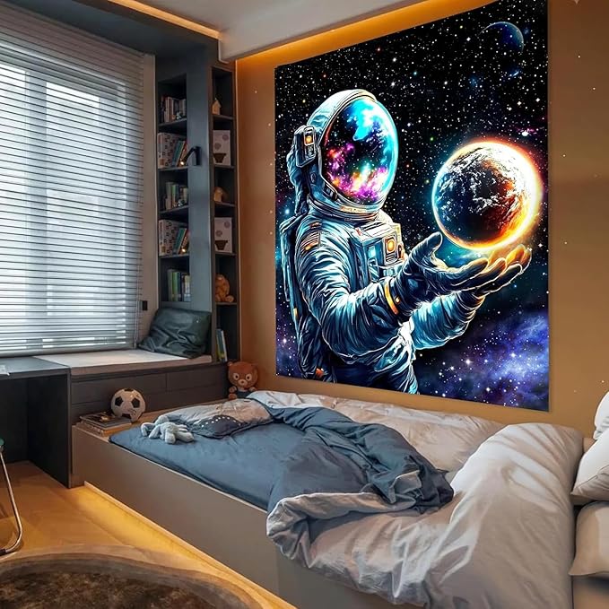 Apdidl Astronaut Space Decor Tapestry for Bedroom, Cool Posters Galaxy Planet Wall Hanging, Fantasy Outer Space Wall Tapestries Men, Funny Art Poster Aesthetic for Boys Guys Gamer Living Room 60" X 79"
