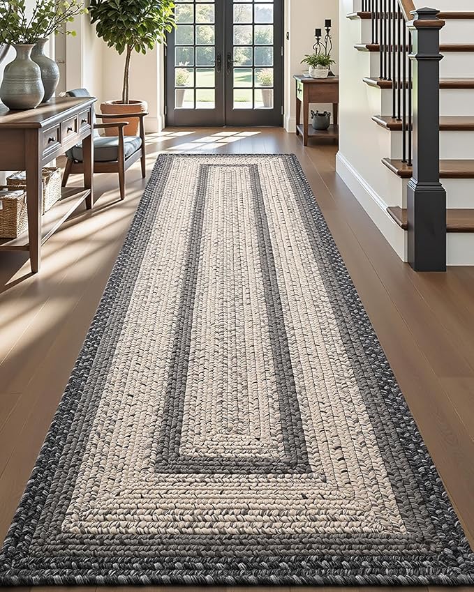 DEXI Woven Hallway Runner Rug, 3x12 Rustic Braided Vintage Carpets, Non Slip Indoor Outdoor Farmhouse Floor Rugs for Entryway, Kitchen, Laundry Room, Black/Ivory
