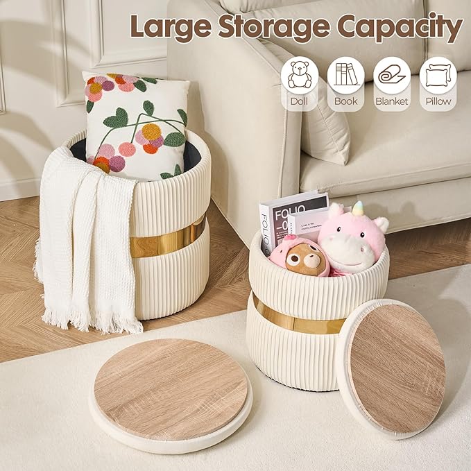 Round Ottoman with Storage Set of 2 Upholstered Velvet Vanity Stool for Living Room Storage Ottomans Multifunctional Foot Rest (White with Middle Gold)