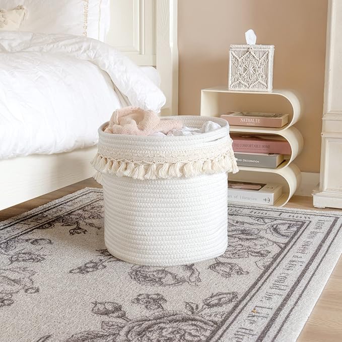 Mkono Macrame Decorative Cotton Rope Basket Boho Nursery Decor Cute Woven Tassel Closet Storage Bins Organizer for Baby Toys,Diaper, Blankets,Magazine,Potted Plants Cover,Living Room,Bedroom, 15"x14"