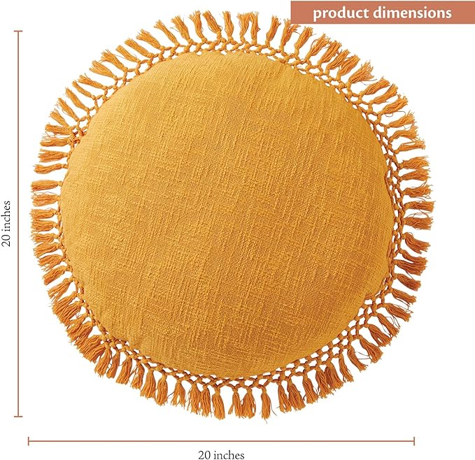 Indigo Ink - Decorative Throw Pillows for Couch or Bed, Boho Home Décor Round Cotton 20" x 20" Pillow with Tassels (Tufted Medallion Collection, Yellow)