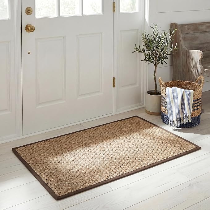 SAFAVIEH Area Rug 2x3 - Natural Fiber Collection - Natural & Dark Brown, Seagrass, Basketweave Pattern with Border (NF114K)