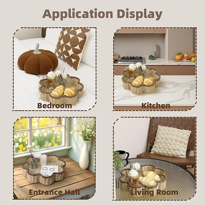GYASVWU Paper Rope Scalloped Tray, Wicker Trays for Decor, Shallow Baskets for Storage, Rattan Tray for Coffee Table/Living Room/Bedroom Organization (Beige+Brown)