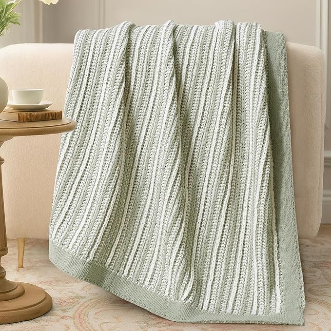 Amélie Home Striped Knit Throw Blanket for Couch, Dual-Sided Soft Chenille Decorative Blankets for Sofa & Chair, 50"x60", Sage Green & White