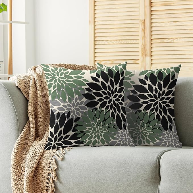 Black Sage Green Pillow Covers 16X16 Inch Set of 2, Spring Summer Floral Dahlia Flower Cream Decorative Throw Pillow Covers Outdoor Modern Farmhouse Cushion Case for Home Couch Sofa Bed Decor