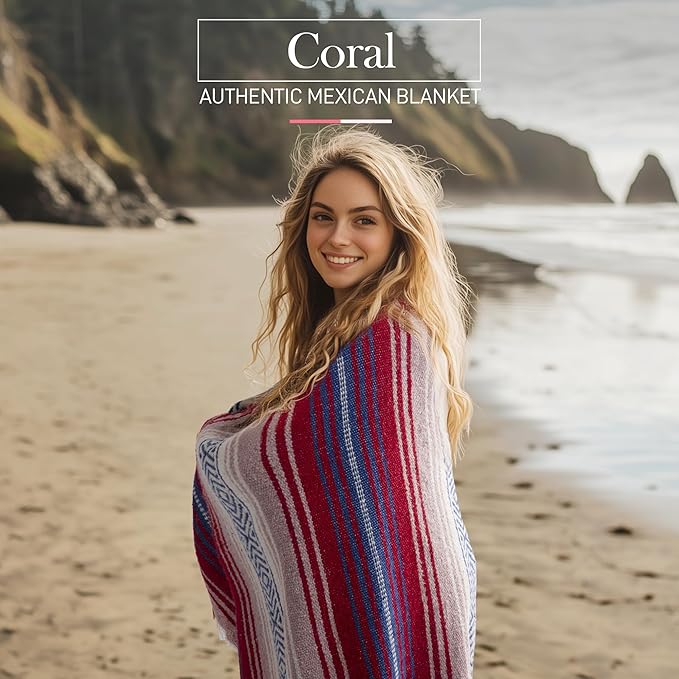 Hydration Nation Authentic Mexican Serape Blanket - Soft & Durable - Lightweight Falsa - Coral, 70"x50"