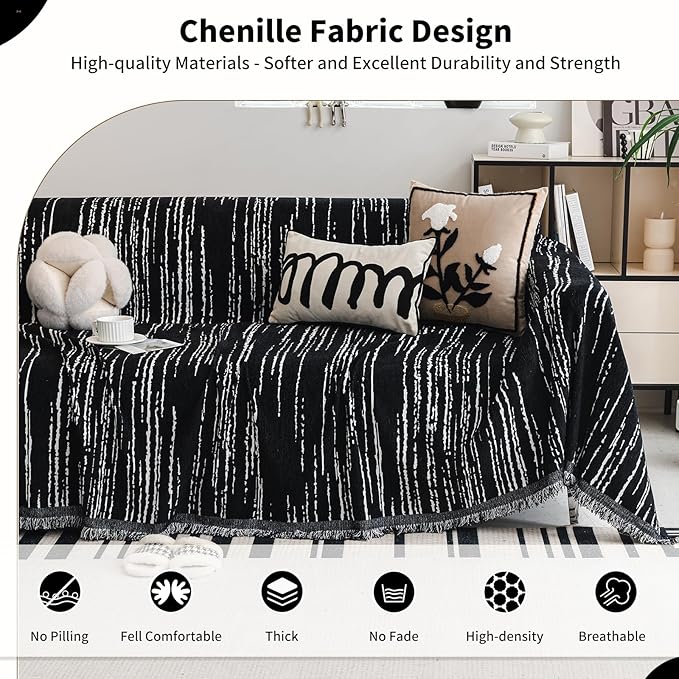 Chenille Couch Cover Pet Friendly, Sofa Cover Washable, Reversible Sofa Slipcover for Sectional Sofa, Loveseat, 2 or 3 Cushion Couch, Corner Sofa, Futon Cover (71" X 118", Black)