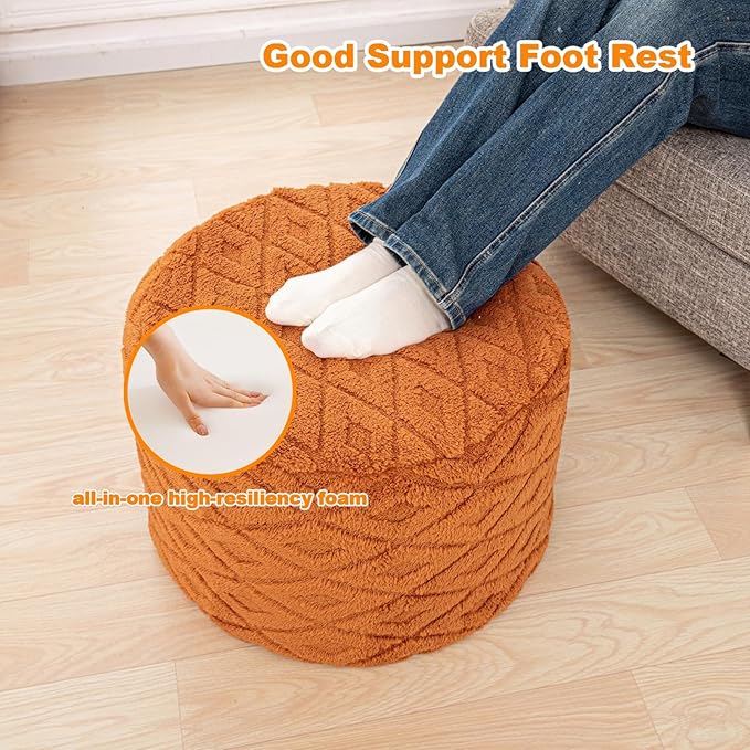 Fluffy Round Ottoman Pouf with All-in-One Foam Filling 20" x 14" Furry Ottoman Foot Rest Foot Stool for Living Room or Bedroom (Burnt Orange)