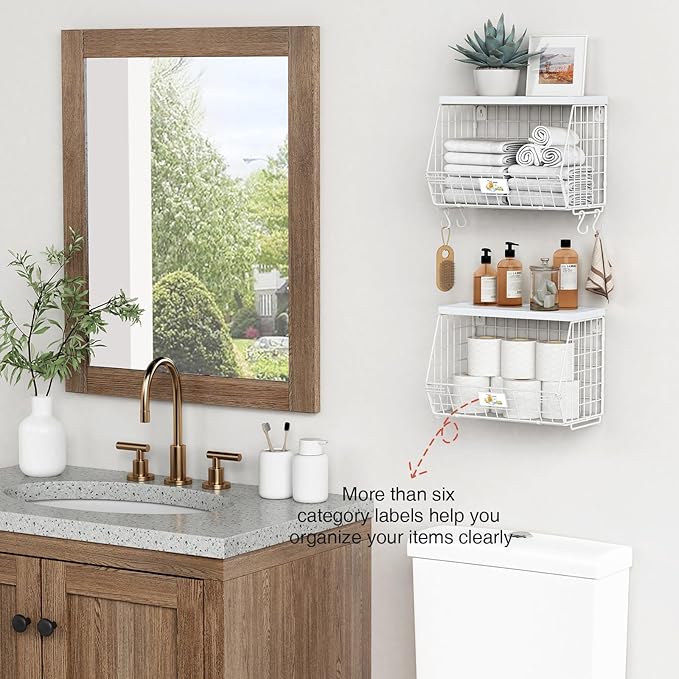 Wall Mount Bathroom Storage Basket, Fruit Produce and Vegetable Baskets for Kitchen Counter, Hanging Wire Storage Basket for Laundry Room Bedroom Closet Pantry Boys Girls Room (White)