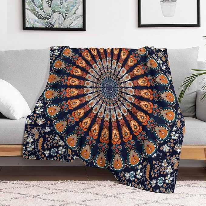 Indian Hippie Bohemian Throw Blanket Beautiful Peacock Mandala Blanket for Sofa Bed Couch Chair Or Dorm 60"x80"