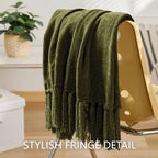 Chenille Throw Blanket for Couch 50"X 60", Soft Cozy Throws with Fringe Tassel for Bed Sofa Chair Cover, Lightweight Knitted Decorative Boho Blankets for Living Room, Olive Green