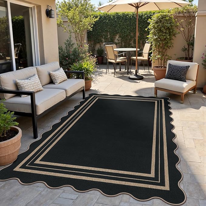 Modern Easy Jute 4x6 Outdoor Patio Rug, Washable Indoor Black Kitchen Rugs Farmhouse Neutral Non Slip Area Rug for Living Room Backyard Bedroom