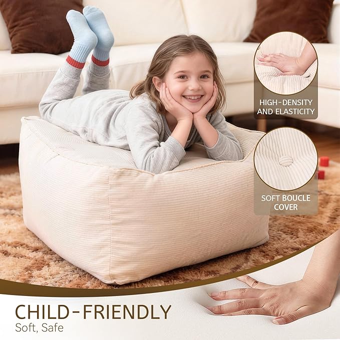 Square Corduroy Pouf Ottoman, Soft Fluffy Foot Stool with Foam Chunk Filling, Floor Pouf & Storage Ottoman for Living Room, 21" x 21" x 14", Off-White