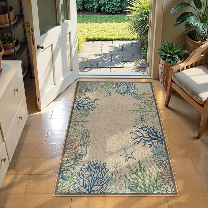 LIVEBOX Easy Jute 28''x43'' Front Porch Rug, Outdoor Non Slip Washable Kitchen Rug Modern Coastal Animal Area Rugs Floor Hello Welcome Door Mat Carpet for Entryway Porch Doorway(Blue 28''x43'')