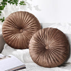 Namalu 2 Pcs Round Throw Pillow 13.8 Inch Decorative Round Velvet Floor Pillows Pumpkin Throw Pillows with Center Button for Thanksgiving Home Decor Living Room Sofa Couch Bed Chair (Coffee)