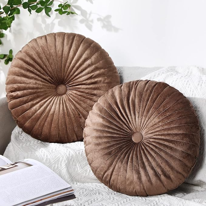 Namalu 2 Pcs Round Throw Pillow 13.8 Inch Decorative Round Velvet Floor Pillows Pumpkin Throw Pillows with Center Button for Thanksgiving Home Decor Living Room Sofa Couch Bed Chair (Coffee)
