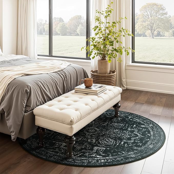 Dark Round Rugs 6ft, Low Pile Thin Circle Area Rugs for Bedroom Living Room Washable Non Slip, Vintage Medallion Distressed Round Carpet for Kitchen Dining Room, Black and White