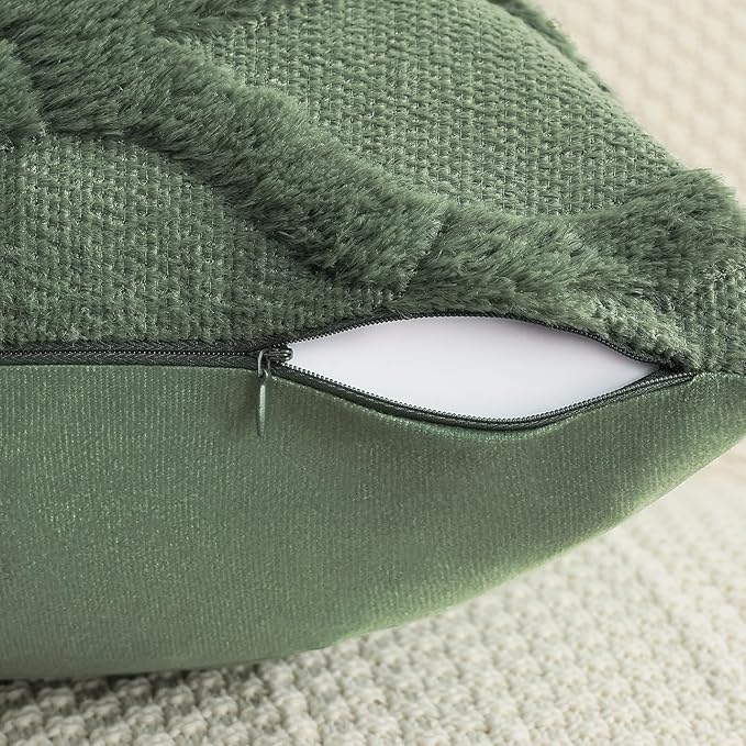decorUhome Spring Throw Pillow Covers 18x18 Inch Set of 2, Soft Plush Faux Fur Wool Olive Green Accent Couch Pillow Covers for Modern Farmhouse Bed Sofa Living Room