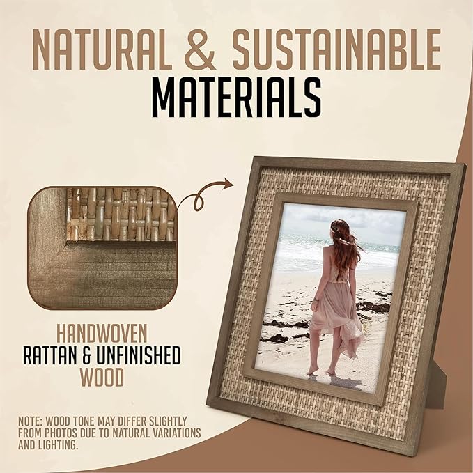 Rattan Picture Frame for 8x10 Photos | EACH UNIQUE Natural Fir Wood, Handwoven Rattan Mat, Boho Coastal Decor, Wall/Table Mount (12.5" x 14.5" Outer)