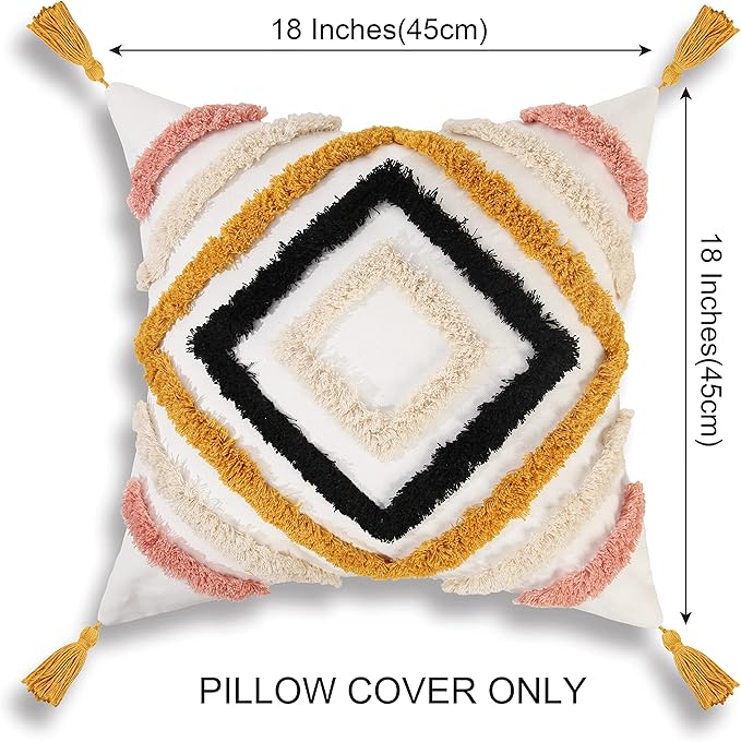 JASEN Boho Throw Pillow Covers, Woven Tufted Decorative Pillow Covers with Tassel Diamond Pattern Pillow Covers for Couch Sofa Bedroom Living Room No Pillow Insert, (Yellow, 18 x 18-Inch)