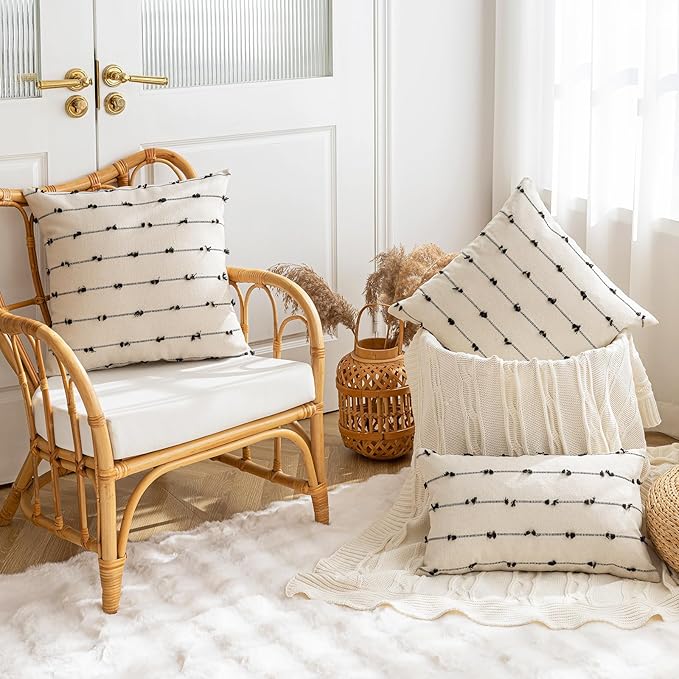 Boho Throw Pillow Covers 24x24 Set of 2 Modern Farmhouse Decorative Cushion Case Tufted Square Pillows Cover Neutral Pillow Cases Accent Pillowcase for Sofa,Couch,Bed,Beige and Black