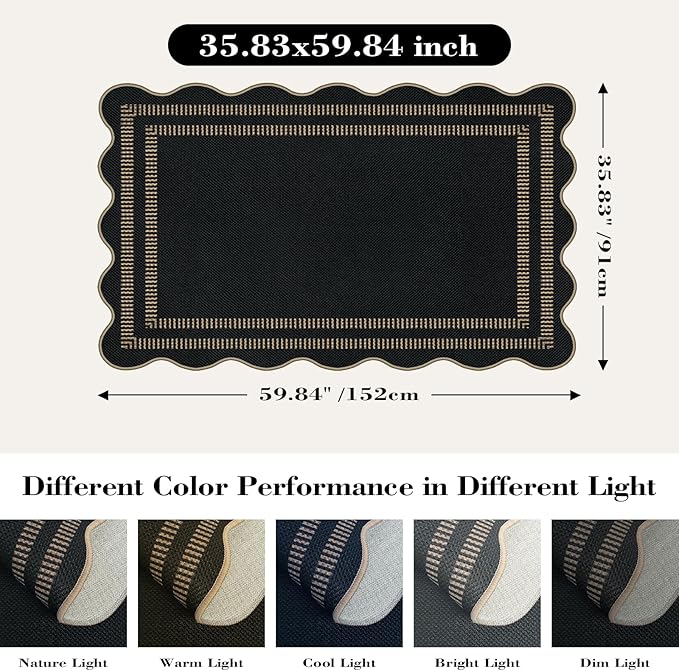 Modern Easy Jute 3x5 Outdoor Patio Rug, Black Washable Rugs for Entryway Indoor Kitchen Rugs, Farmhouse Neutral Non Slip Carpet for Living Room Backyard