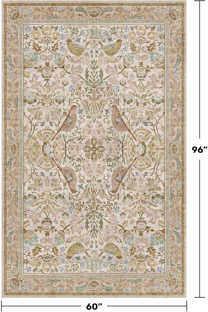 Washable Area Rugs 5x8 for Bedroom - Western Nature Rugs for Living Room, Dining Room,Playroom, Guest Room with Boho Beige Neutral Botanical & Bird Pattern, Non Slip Stain Resistant Low Pile