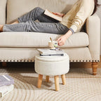 IBUYKE 13 Inch Foot Stool Ottoman with Storage, Round Small Foot Rest with Padded Seat and Wood Legs, Teddy Velvet Mini Footstool for Living Room Couch Bedroom Entryway, Cream WBD006W