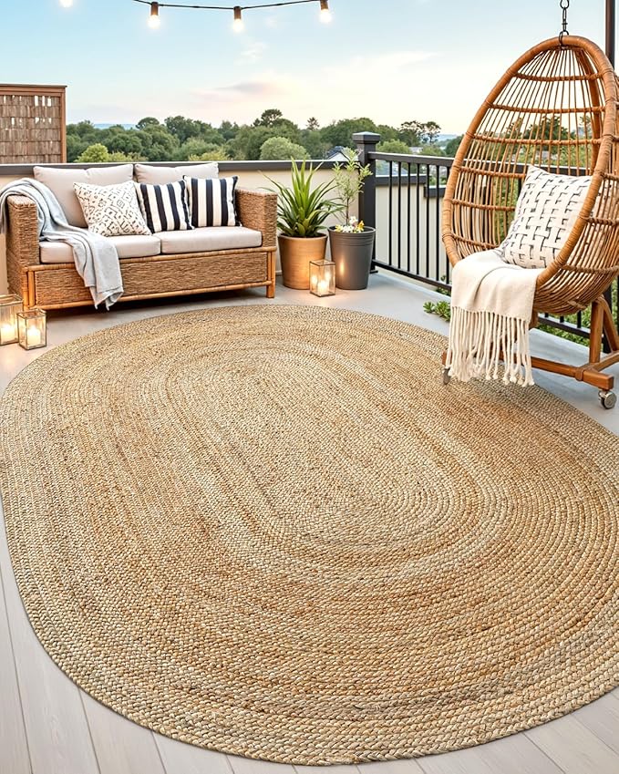 DEXI Jute Area Rug Natural Fiber 8x10 Oval, Woven Braided Durable Farmhouse Design Rugs for Living Room, Bedroom Dinning Room Office Outdoor Patio, Natural