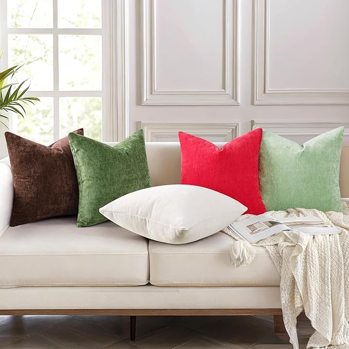 decorUhome Chenille Reddish Brown Spring Euro Sham Throw Pillow Covers 24x24 Inch Set of 2, Decorative Soft Couch Pillow Covers Solid Dyed Accent Farmhouse Neutral Square Pillow Cases for Sofa