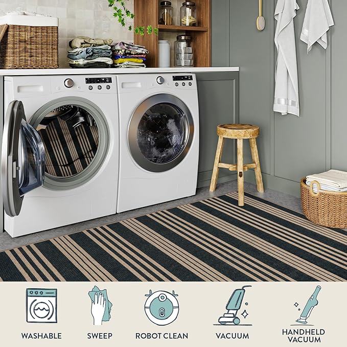 Lahome Elance Striped Easy Jute Rugs for Living Room, 6x9 Washable Indoor Outdoor Patio Rug, Neutral Thin Non Slip Non Shedding Black Dining Room Carpet for Under Table Mudroom Classroom