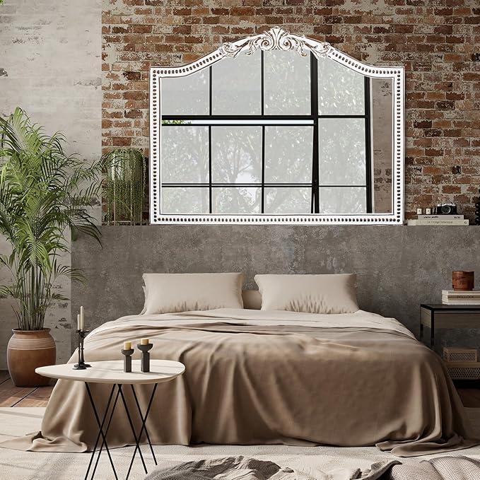32x42 Inch Ornate Arched Wooden Wall Mirror, Rustic Farmhouse Decorative Mirror for Fireplace, Living Room, Bedroom, Entryway, Bathroom Over Sink