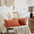 Fancy Homi Set of 2 Burnt Orange Long Lumbar Decorative Throw Pillow Covers 12x24 Inch for Living Room Couch Bed, Boho Farmhouse Fall Home Decor, Soft Corduroy Corss Textured Cushion Case 30x60 cm