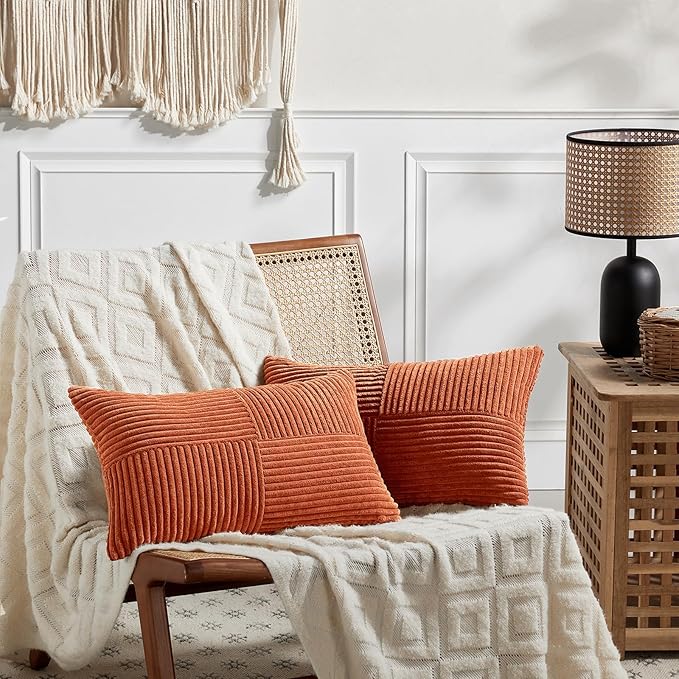 Fancy Homi Set of 2 Burnt Orange Lumbar Decorative Throw Pillow Covers 14x22 Inch for Living Room Couch Bed, Boho Farmhouse Fall Home Decor, Soft Corduroy Corss Patchwork Cushion Case 35x55 cm