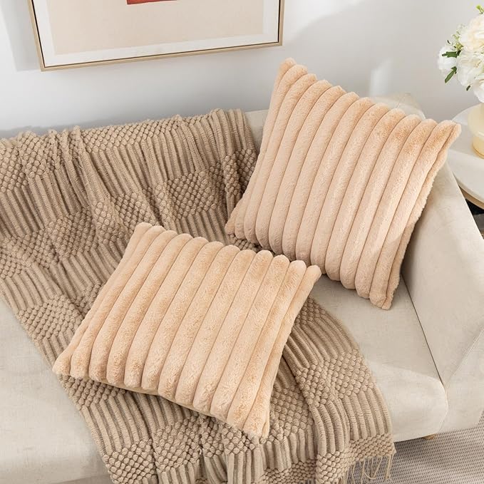 ZLINA Set of 2 Apricot Faux Fur Decorative Throw Pillow Covers Fluffy Striped Pillowcase Cushion Covers 24 x 24 Inch Decor Sofa Couch Bedroom