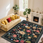 Area Rug for Living Room, 10x12 Large Washable Rugs for Dining Room, Bedroom, Non Slip Stain Resistant Carpet, Low Pile Vintage Floral Rug (Black)