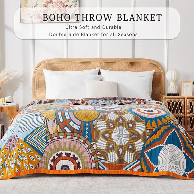 Boho Blanket Soft Muslin BohoThrow Blanket, 100% Cotton Floral Printed Farmhouse Decor All Season Reversible Rustic Throw for Sofa Couch Chair (Orange, 80"x90")