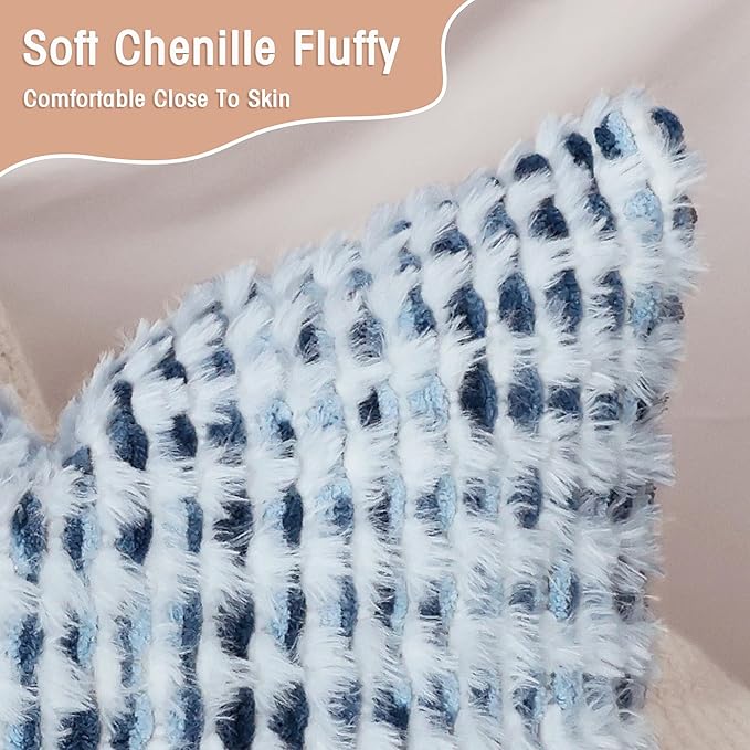 Boho Chenille Tufted Pillow Cover 14x36 Inch Set of 1, Farmhouse Striped Decorative Pillow Covers Accent Fluffy Neutral Long Body Bolster Pillow for Couch Sofa Bedroom Living Room, Blue White