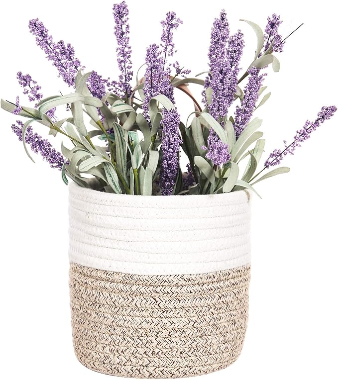 2pack Small Hanging Basket-Cotton Rope Wall Basket with Handle, Hanging Storage Baskets, Shelf Baskets Storage Bin Closet Organizer 6"×6.3", Woven Plant Basket - (White & Brown)