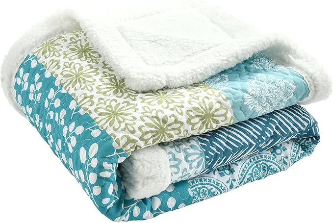 Lush Decor Bohemian Stripe Sherpa Throw Blanket, 50" W x 60" L, Blue & Green - Bold Colorful Boho Stripe Design - Quilted Print - Soft Sherpa Blanket For Bed, Couch, Or Chair