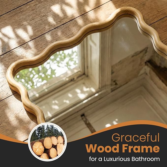 Wavy Mirror for Wall, 55"x28" Boho Wavy Wood Mirror Large Full Length Decorative Mirror with Tempered Glass, Natural Wooden Frame Vanity Mirror for Bedroom, Living Room, Entryway