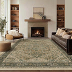 Retro 7x9 Area Rug for Living Room, Distressed Medallion Dining Room Rug Under Table, Washable Non Slip Thin Carpet Rugs for Bedroom Under Bed Home Office, Multi Brown/Olive