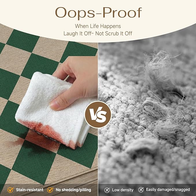 3x5 Checkered Easy Jute Outdoor Patio Rug Washable Area Rugs for Living Room Entryway Diamond Indoor Outdoor Mat Farmhouse Neutral Non Slip Green Door Carpet for Backyard Bedroom