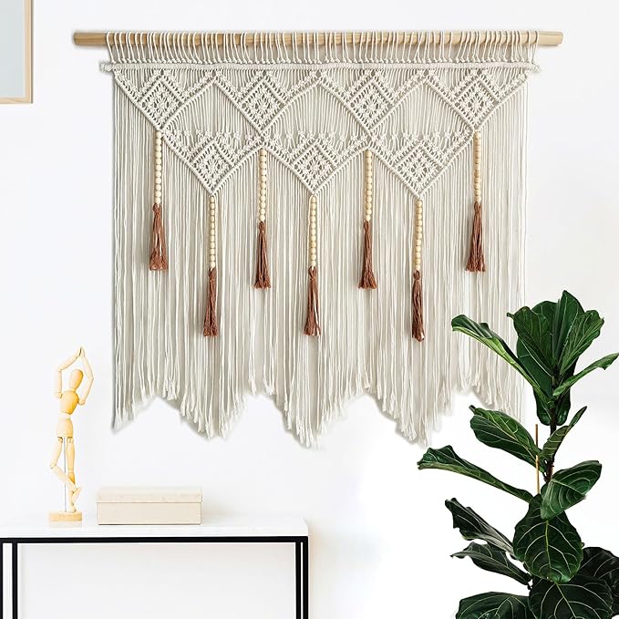Youngeast Large Macrame Wall Hanging Boho Woven Tapestry Bohemian Macrame Wall Decor Handmade Tassel Tapestry Home Decoration for Bedroom Living Room 39"X31" (Wood Dowels Not Included) (Beige)