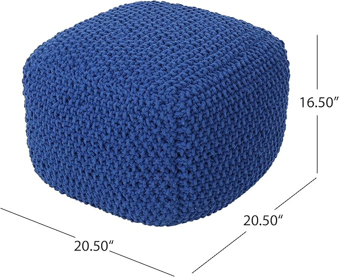 Handcrafted Knitted Cotton Round Pouf - 20x20, Modern Design, Soft and Comfortable, No Assembly, Home Decor, Knit Ottoman, Boho Floor Pouf for Living (Navy)