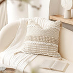 BlissBlush Boho Throw Pillow Cover 20X20, Decorative Accent Pillow for Couch, Square Woven Textured Pillowcase, Modern Boho Pillow for Bed, Bohemian Pillow Cover, Cream White Neutral (Pack of 1)