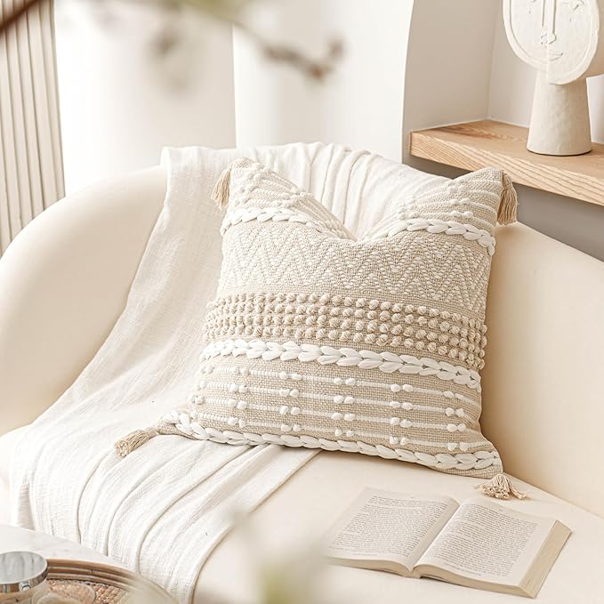 BlissBlush Boho Throw Pillow Cover 20X20, Decorative Accent Pillow for Couch, Square Woven Textured Pillowcase, Modern Boho Pillow for Bed, Bohemian Pillow Cover, Cream White Neutral (Pack of 1)