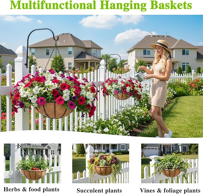4 Pack Hanging Planter Basket with Coco Coin Liner 8 inch Hanging Flower Pots Outdoor Decorative Round Wire Plant Holder with Chain Metal Hanging Baskets for Plants Outdoor