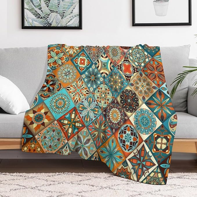 Vintage Boho Floral Throw Blanket Mandala Colorful Bohemian Flowers Art Pattern Blanket for Sofa Bed Couch Chair Or Dorm 30"x40"