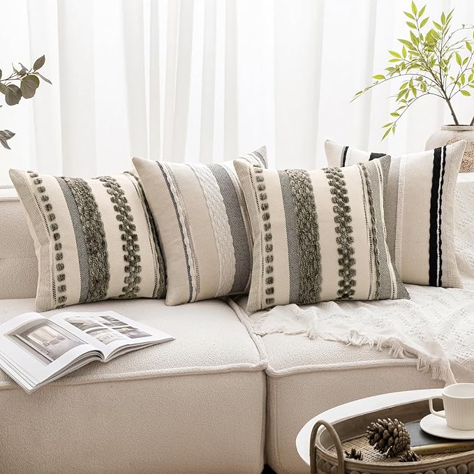 ANRODUO Pack of 2 Boho Decorative Throw Pillow Covers 24x24 Farmhouse Cushion Case Striped Chenille Pillow Cases Square Pillow Covers Accent Neutral Pillowcase for Sofa Couch Bed, Olive Green Stripe